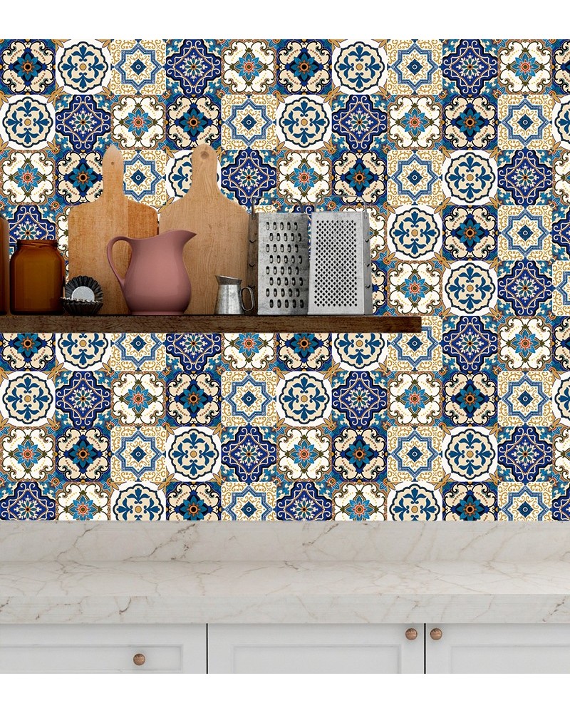 Papel de Parede Azulejo Hidráulico Português Fundo Claro Tons Azul - Adesivo Autocolante