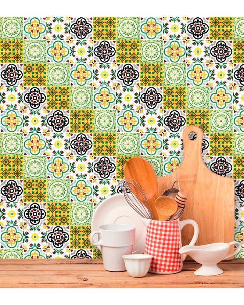 Papel de Parede Azulejo Hidráulico Português Fundo Branco Tons de Amarelo - Adesivo Autocolante