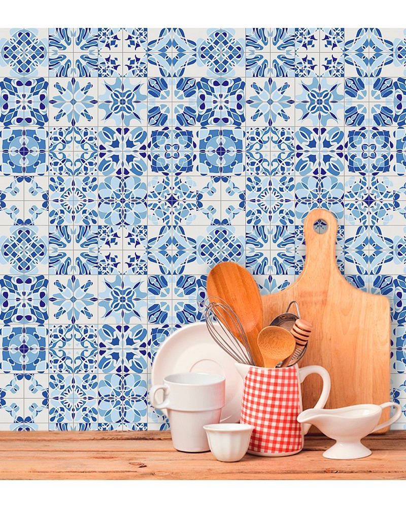 Papel de Parede Azulejo Hidráulico Português Fundo Branco Tons de Azul - Adesivo Autocolante