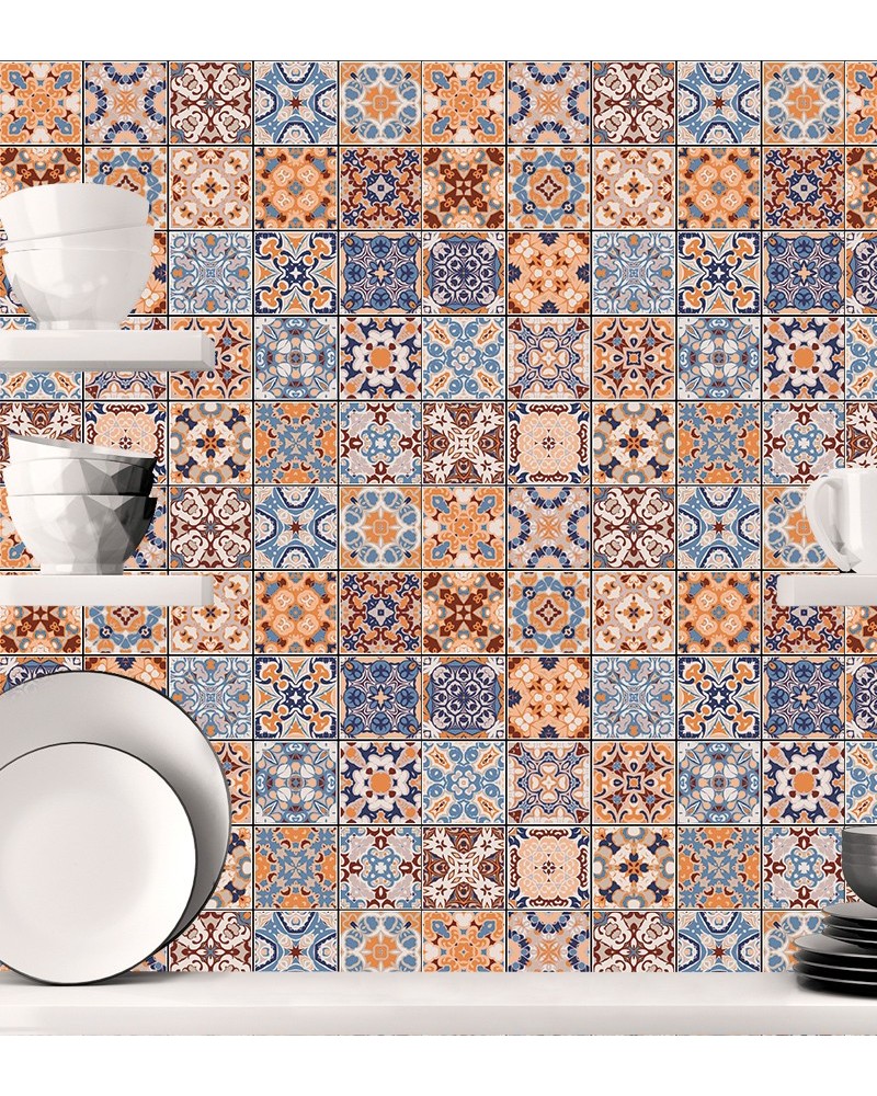 Papel de Parede Azulejo Hidráulico Português Tons Marrom, Azul e Bege - Adesivo Autocolante