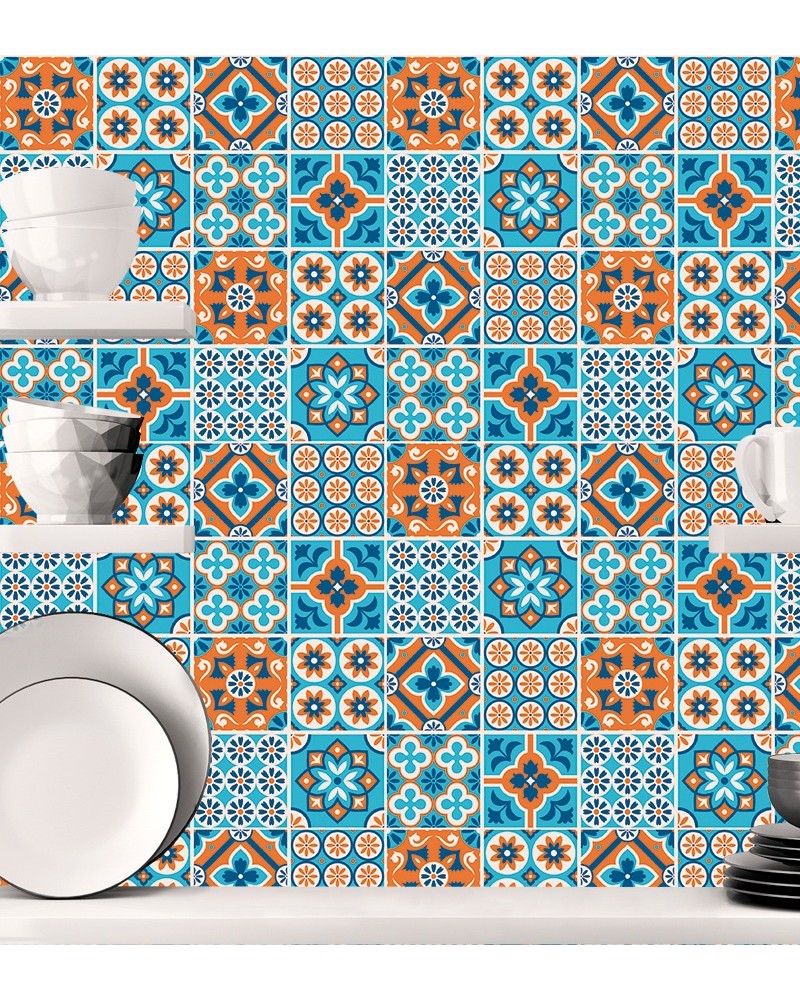 Papel de Parede Azulejo Hidráulico Português Tons de Amarelo e Azul - Adesivo Autocolante