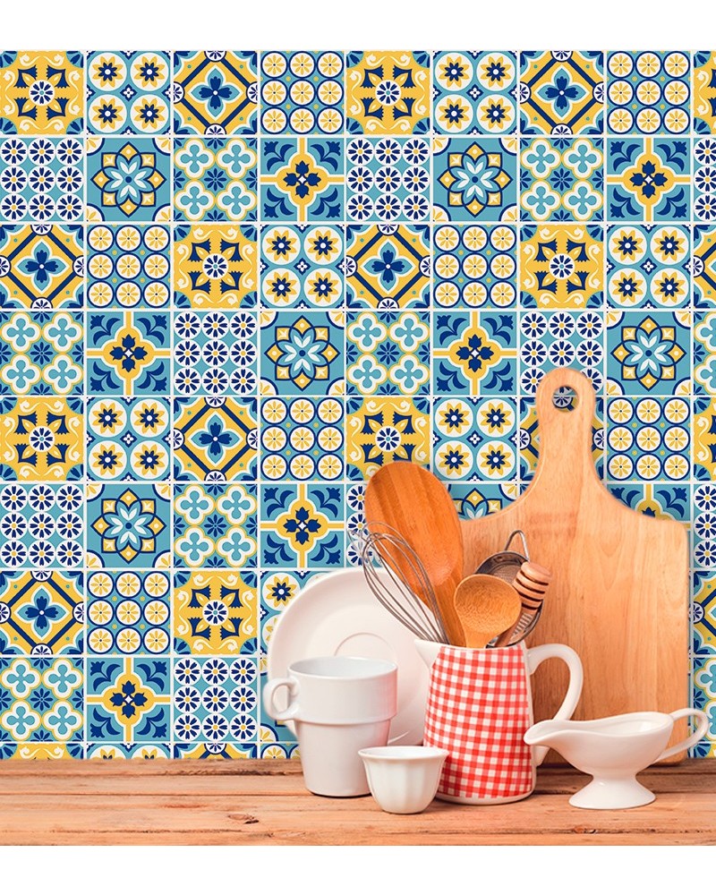 Papel de Parede Azulejo Hidráulico Português Tons Amarelo e Azul - Adesivo Autocolante