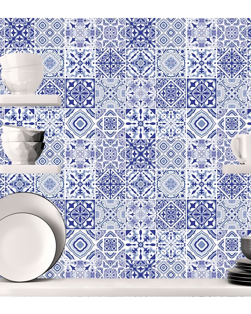 Papel de Parede Azulejo Hidráulico Fundo Branco Tons de Azul Escuro - Adesivo Autocolante