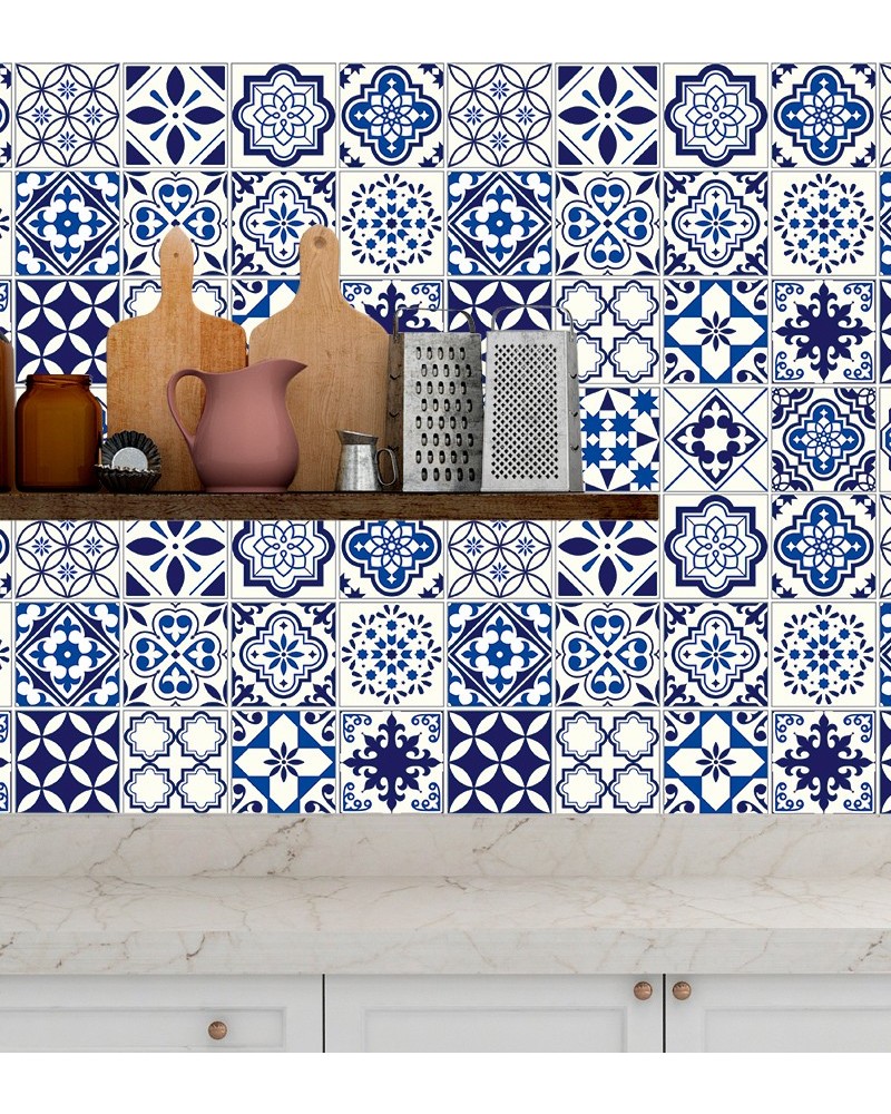 Papel de Parede Azulejo Hidráulico Branco e Azul - Adesivo Autocolante