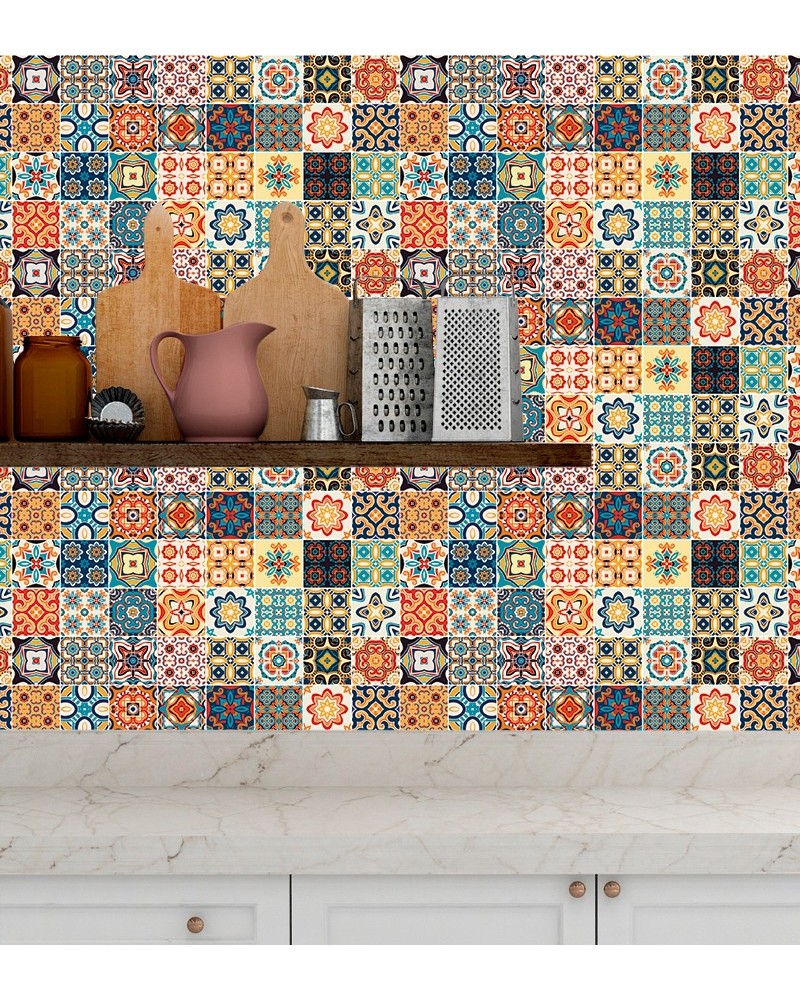 Papel de Parede Azulejo Hidráulico Português Cores Quentes - Adesivo Autocolante