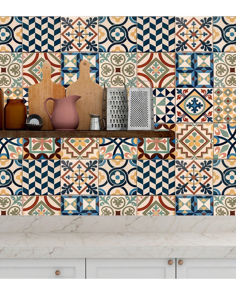 Papel de Parede Azulejo Hidráulico Português Fundo Bege Tons Azul Amarelo Verde - Adesivo Autocolante