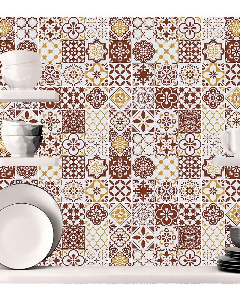 Papel de Parede Azulejo Hidráulico Português Fundo Claro Tons de Marrom - Adesivo Autocolante