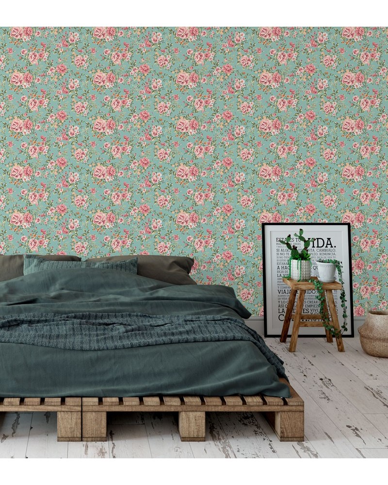 Papel de Parede Rosas em Tons Rose e Fundo Verde - Adesivo Autocolante