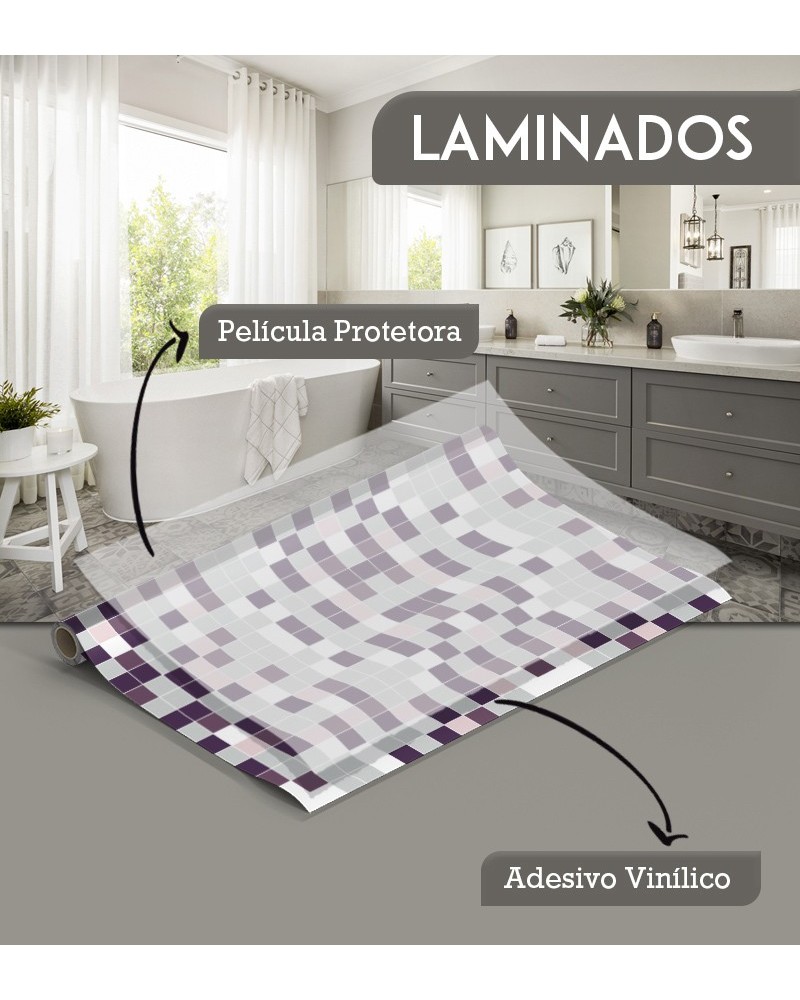 Papel de Parede Laminado para Azulejo - Pastilhas Em Tons de Roxo, Rosa e Cinza