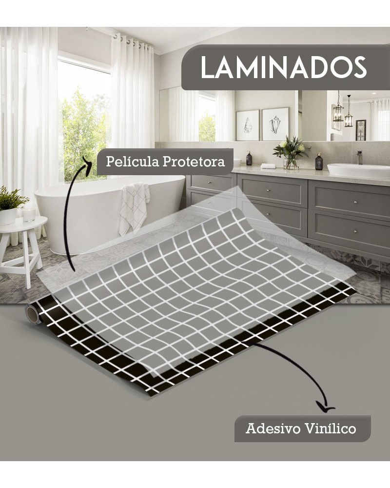 Papel de Parede Laminado para Azulejo - Pastilhas Preto e Rejunte Branco
