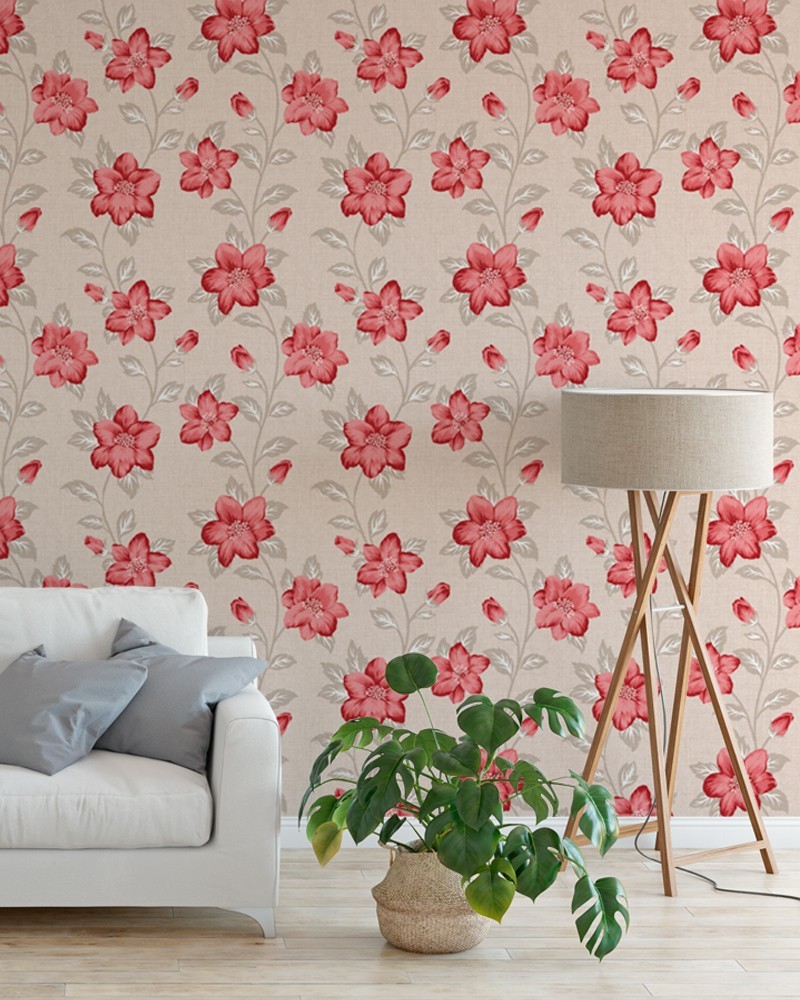 Papel de Parede Dream Flores Vermelhas Fundo Tela - Adesivo Autocolante