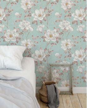 Papel de Parede Dream Fundo Verde Flores Brancas - Adesivo Autocolante