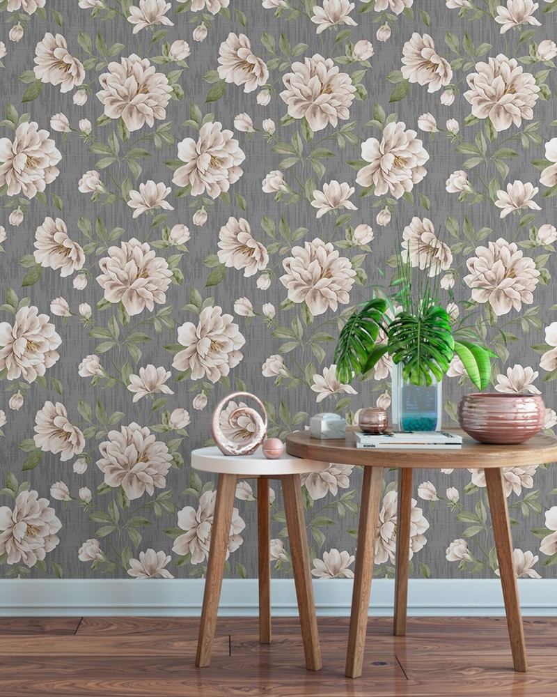 Papel de Parede Dream Fundo Cinza Pincelado com Flores Claras - Adesivo Autocolante