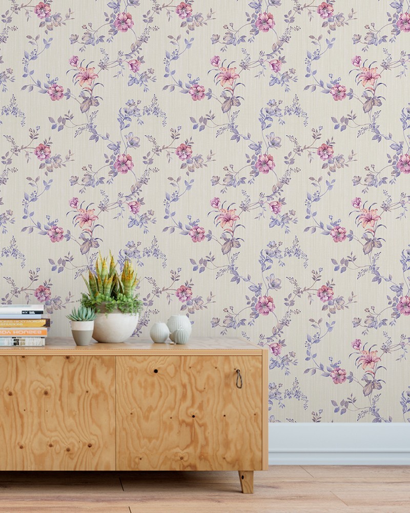 Papel de Parede Dream Fundo Claro Flores Lilás e Rosa - Adesivo Autocolante