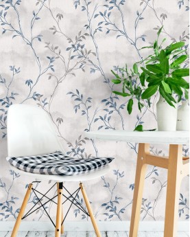 Papel de Parede Autocolante Floral Fundo Claro e Tons de Azul