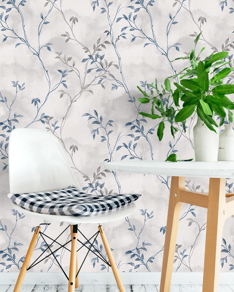 Papel de Parede Autocolante Floral Fundo Claro e Tons de Azul