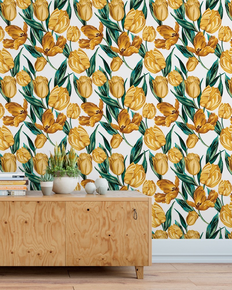 Papel de Parede Floral em Tons de Amarelo, Verde e Fundo Branco
