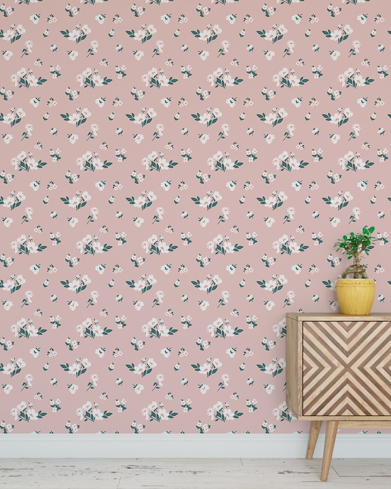 Papel de Parede Floral Branco e Fundo Rosa