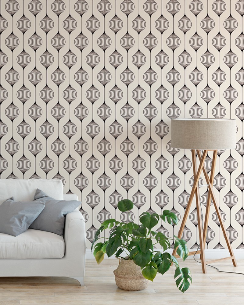 Papel de Parede Glamour Geométrico com Linhas Finas em Tons de Preto e Fundo Branco - Adesivo Autocolante
