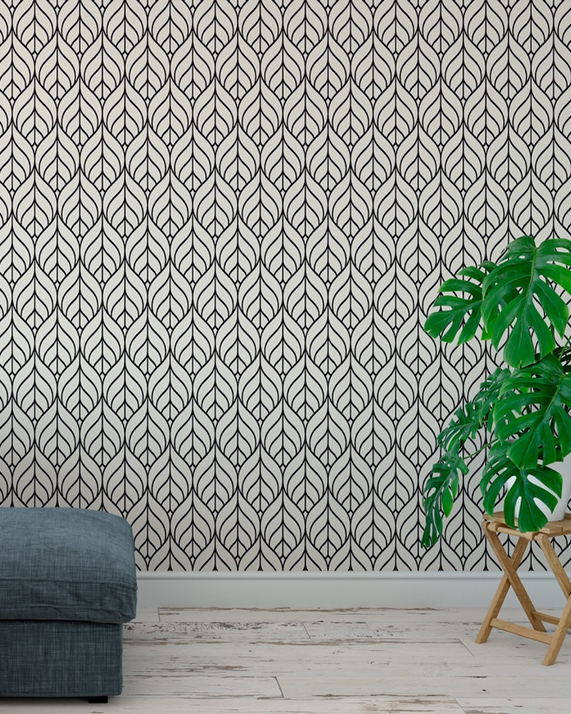 Papel de Parede Glamour Folhas Geométricas Branco e Preto - Adesivo Autocolante