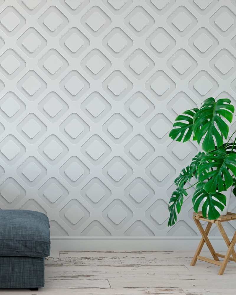 Papel de Parede 3D Branco e Cinza Quadrado e Canto Arredondando - Adesivo Autocolante