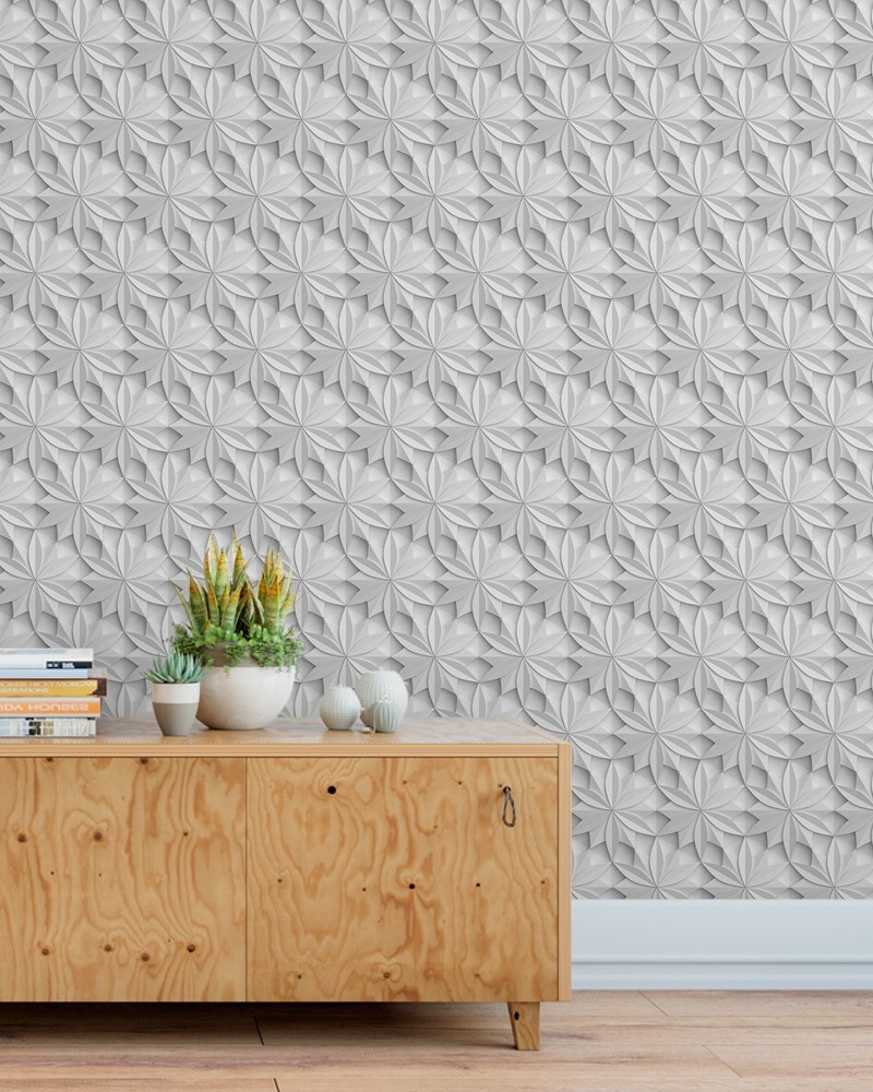 Papel de Parede 3D  Flores Branco e Cinza - Adesivo Autocolante