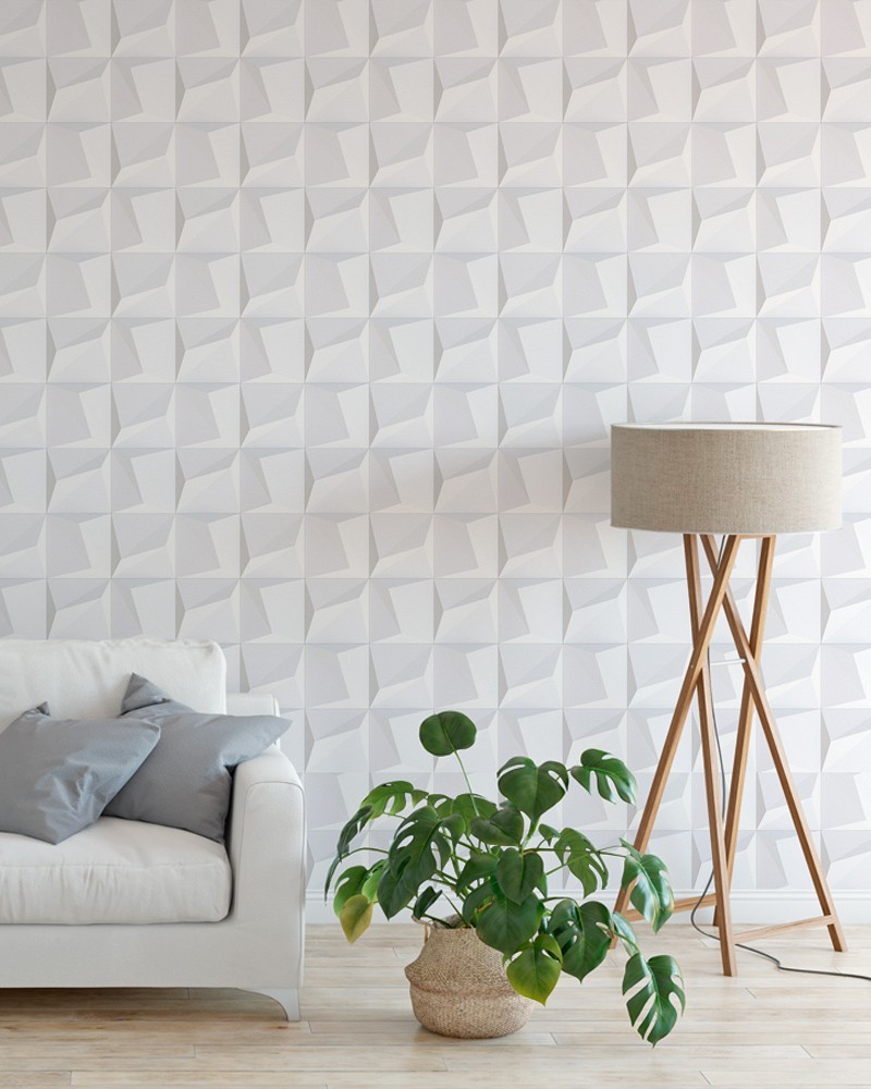 Papel de Parede 3D - Branco com Cinza - Adesivo Autocolante