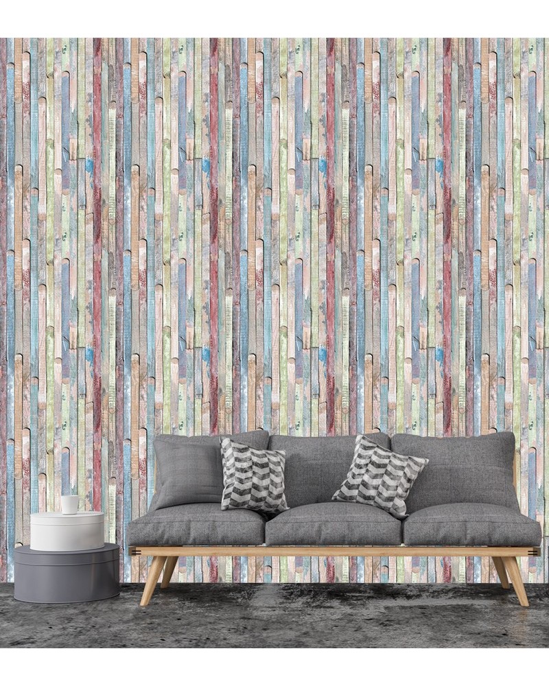 Papel de Parede Madeira Tábuas Coloridas Adesivo Autocolante