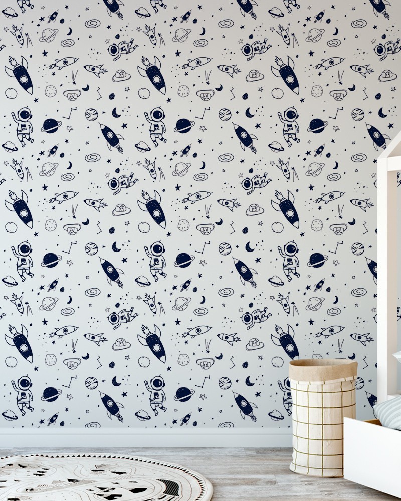 Papel de Parede Infantil - Espaço Sideral, Astronauta e Foguete Azul e Branco Adesivo Autocolante