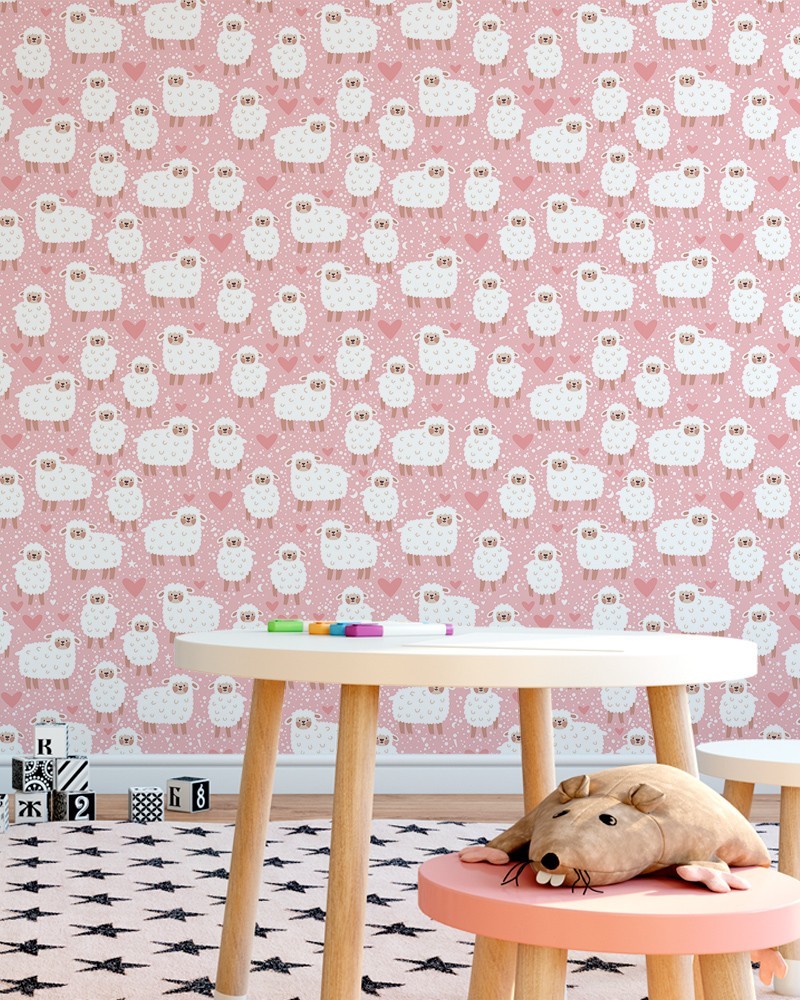 Papel de Parede Infantil - Ovelha e Coração em Tons de Rosa e Branco Adesivo Autocolante