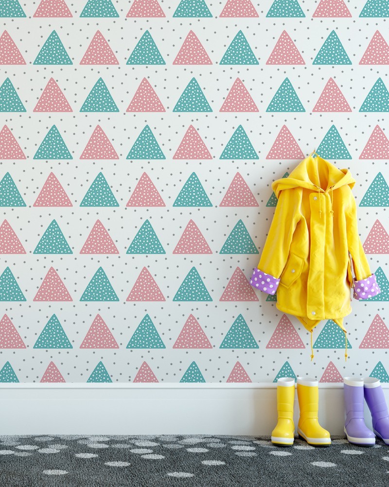 Papel de Parede Infantil - Geométrico Triângulo com Bolinhas em Tons de Rosa, Verde, Cinza e Branco Adesivo Autocolante