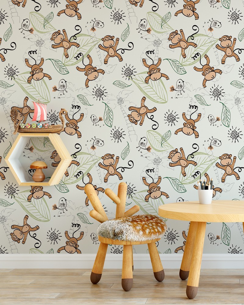 Papel de Parede Infantil - Macaquinhos, Folhas e Passarinhos Adesivo Autocolante