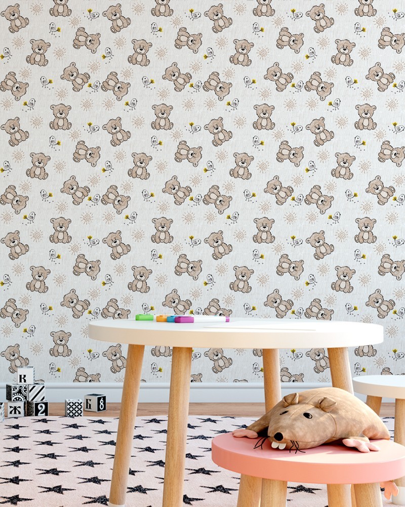 Papel de Parede Infantil - Ursinhos e Passarinhos em Tom Marrom e Branco Adesivo Autocolante