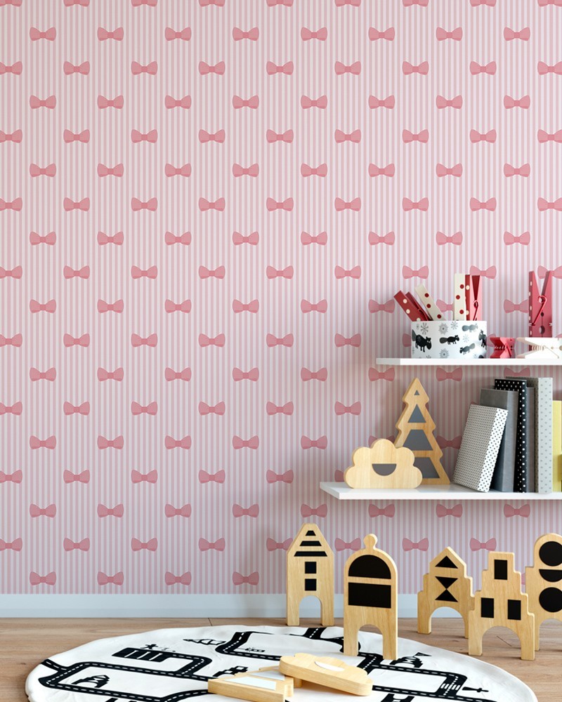 Papel de Parede Infantil - Laços e Listras em Tons de Rosa e Fundo Claro Adesivo Autocolante