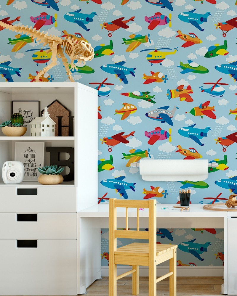 Papel de Parede Infantil - Aviões Coloridos Fundo Azul Adesivo Autocolante