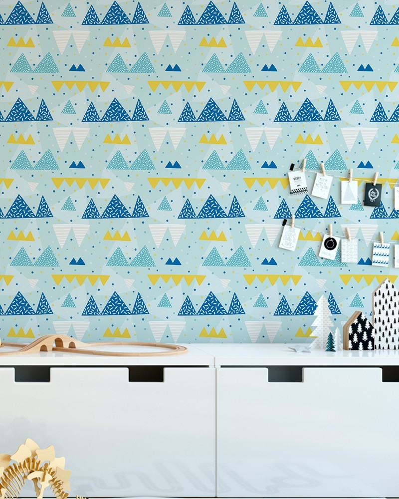 Papel de Parede Infantil - Geométrico Triângulos com Bolinhas em Tons de Verde, Branco, Azul e Amarelo Adesivo Autocolante