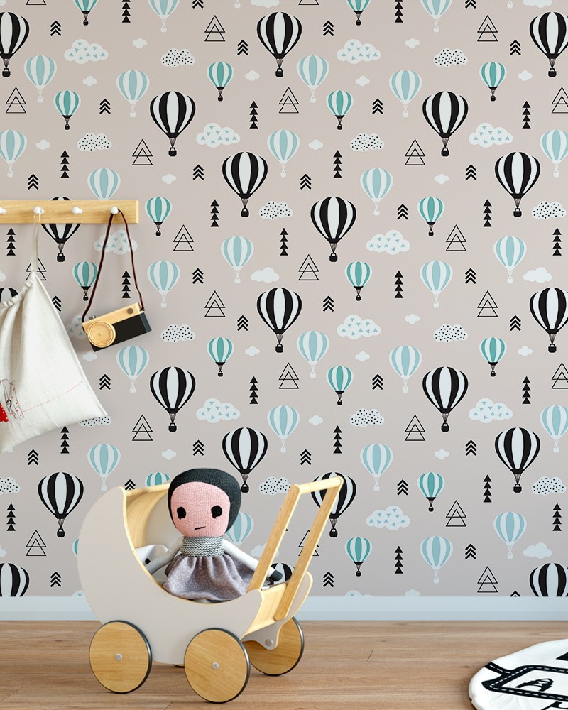 Papel de Parede Infantil - Nuvens e Balões em Tons de Azul, Preto, Branco e Rosa  Adesivo Autocolante