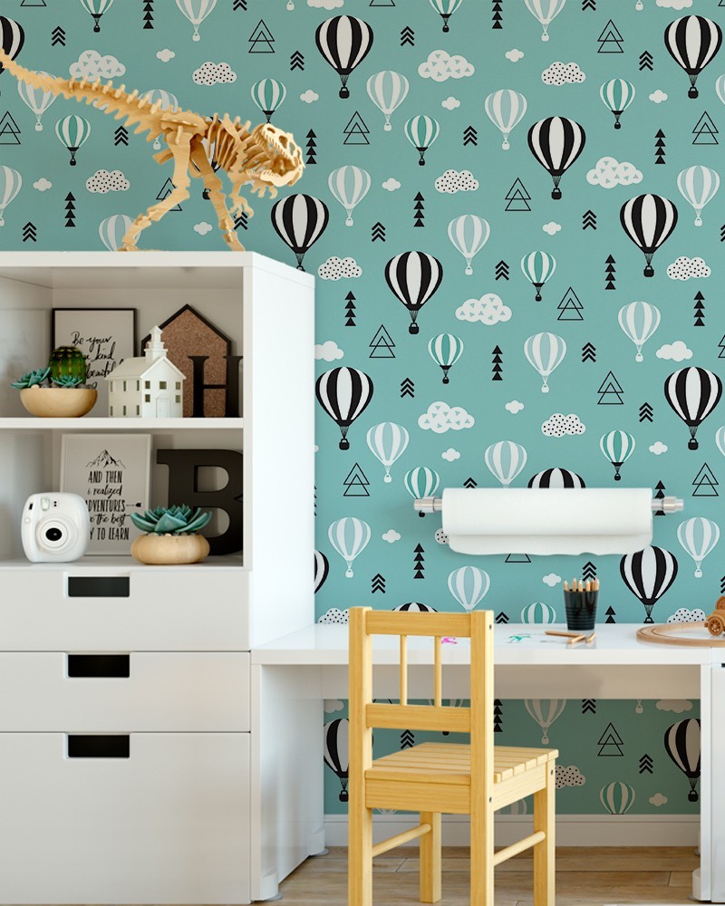 Papel de Parede Infantil - Nuvens e Balões em Tons de Verde, Preto e Branco Adesivo Autocolante