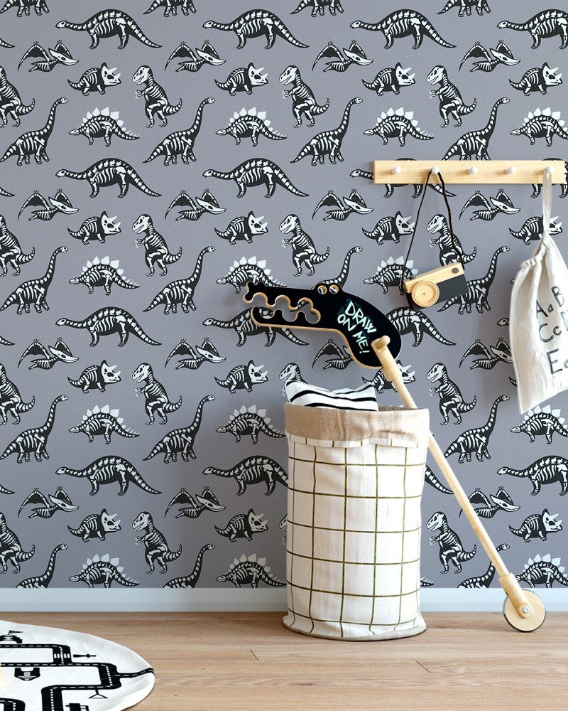 Papel de Parede Infantil - Dinossauros em Tons de Cinza, Preto e Branco Adesivo Autocolante