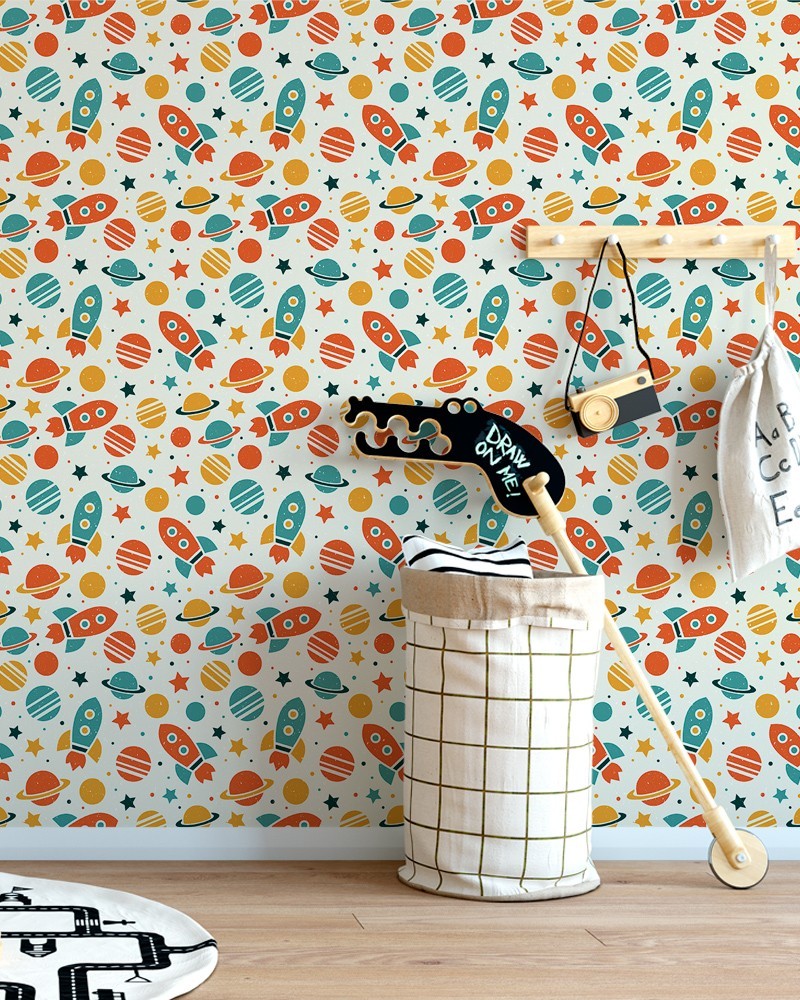 Papel de Parede Infantil - Espaço Sideral e Foguete Colorido Adesivo Autocolante