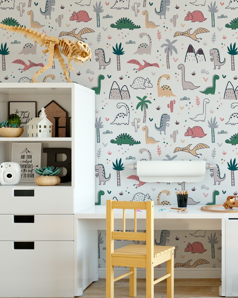 Papel de Parede Infantil - Baby Dino em Tons Pastéis Adesivo Autocolante