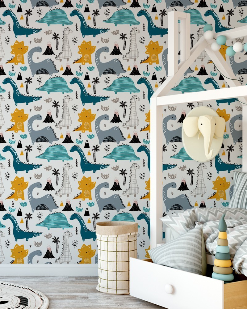 Papel de Parede Infantil - Dinossauros Baby em Tons de Amarelo, Azul, Verde, Cinza e Branco Adesivo Autocolante