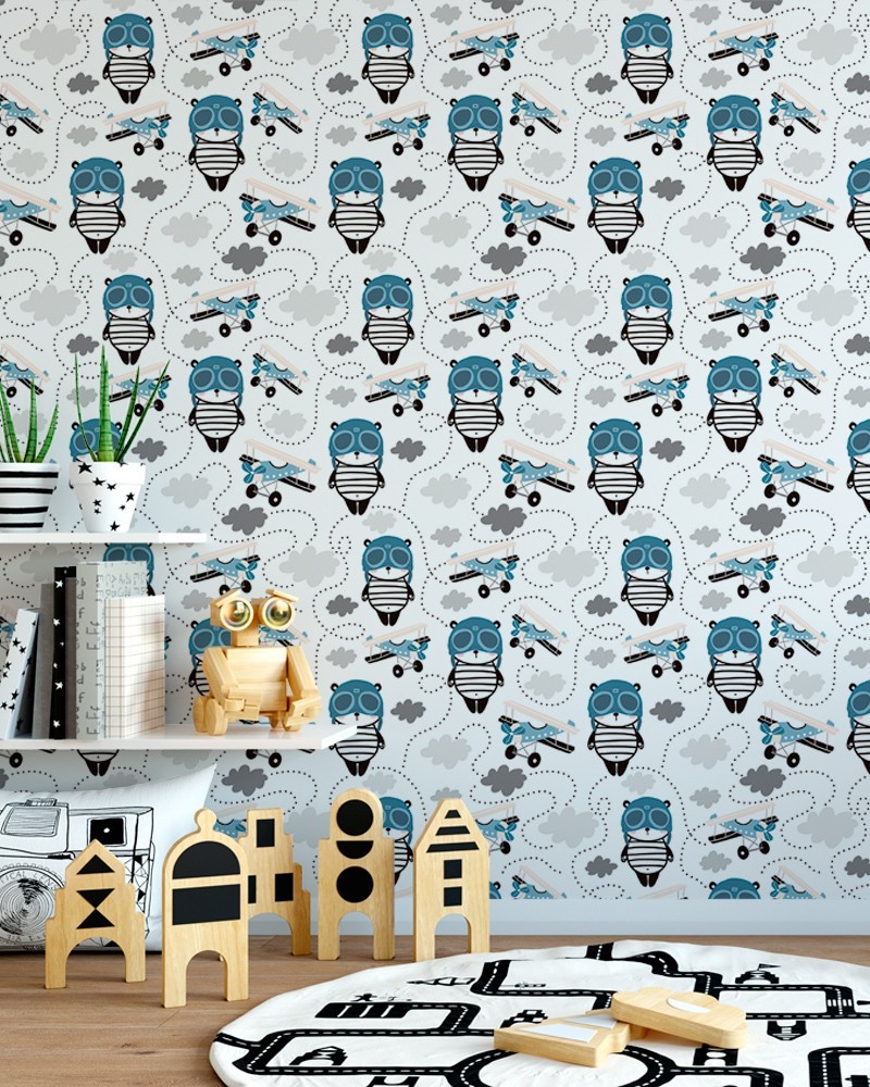 Papel de Parede Infantil - Aviões e Panda Aviador em Tons de Azul, Cinza, Preto e Branco Adesivo Autocolante