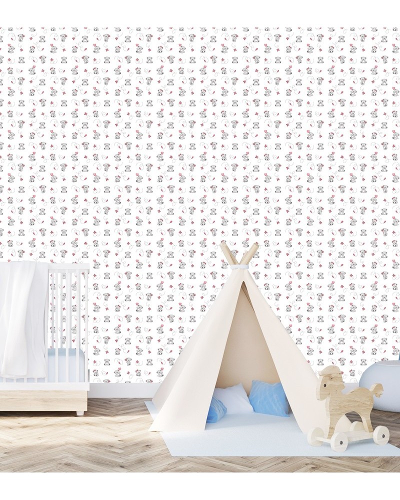 Papel de Parede Infantil - Ursinhos e Borboletas em Tons de Rosa e Cinza com Fundo Branco Adesivo Autocolante