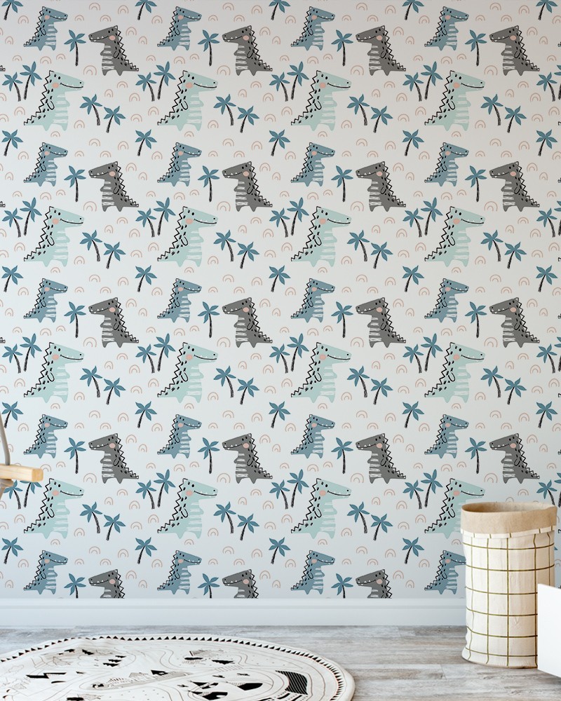 Papel de Parede Infantil - Dinossauros em Tons de Cinza, Verde, Azul, Preto e Branco Adesivo Autocolante