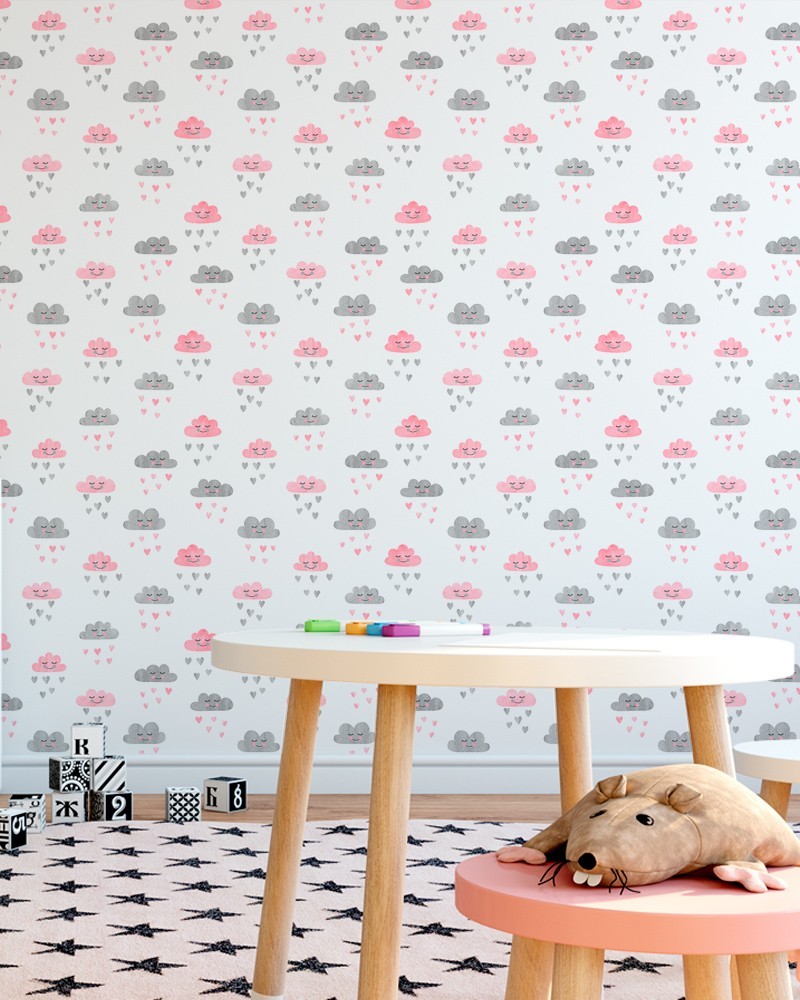 Papel de Parede Infantil - Nuvem e Coração Aquarela em Tons de Cinza e Rosa  Adesivo Autocolante