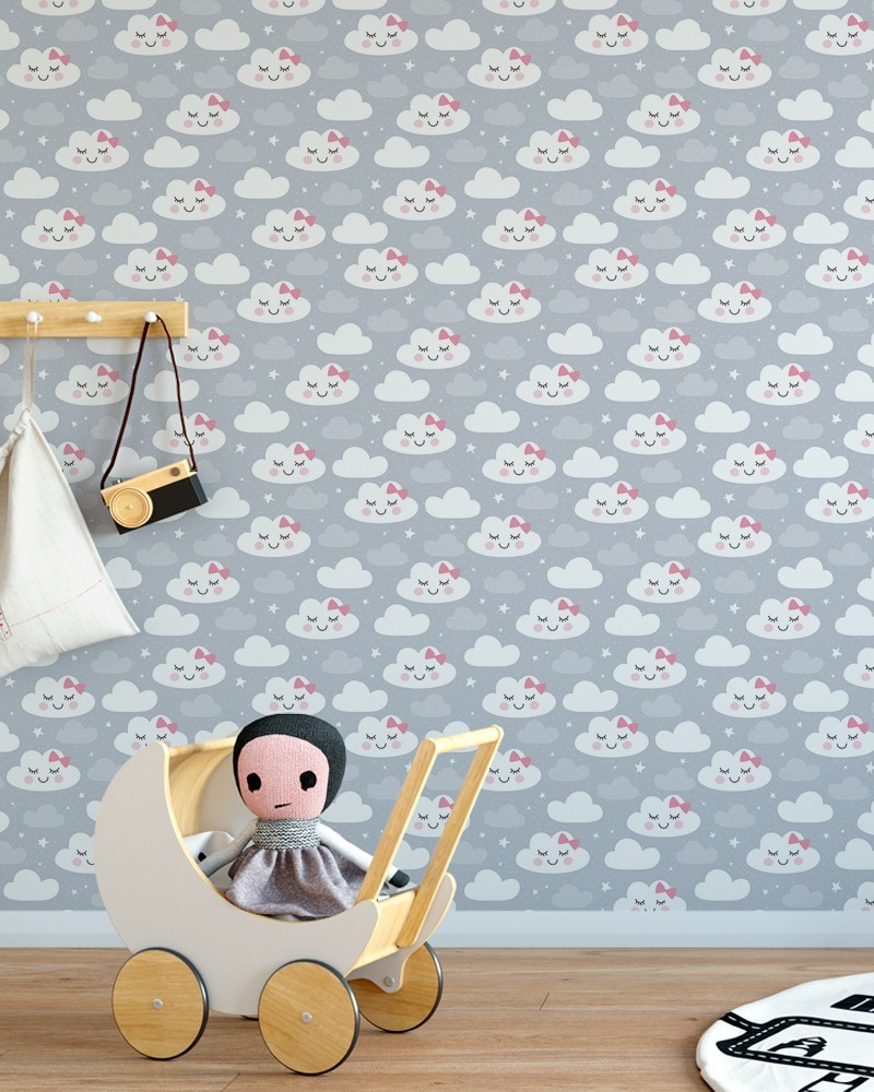 Papel de Parede Infantil - Nuvem com Laço  Tons Neutros Adesivo Autocolante
