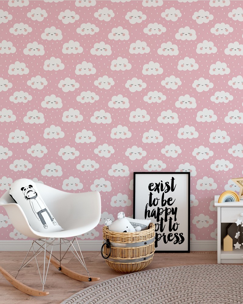 Papel de Parede Infantil - Nuvem Branco e Fundo Rosa Adesivo Autocolante