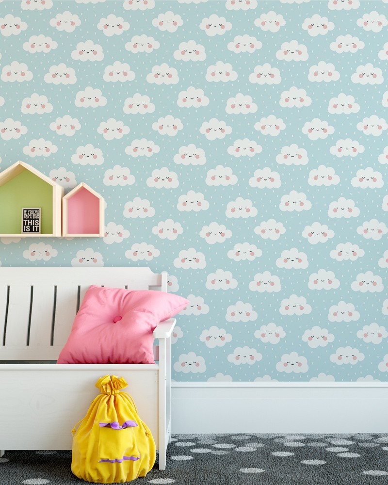 Papel de Parede Infantil - Nuvem Branco e Fundo Azul Adesivo Autocolante