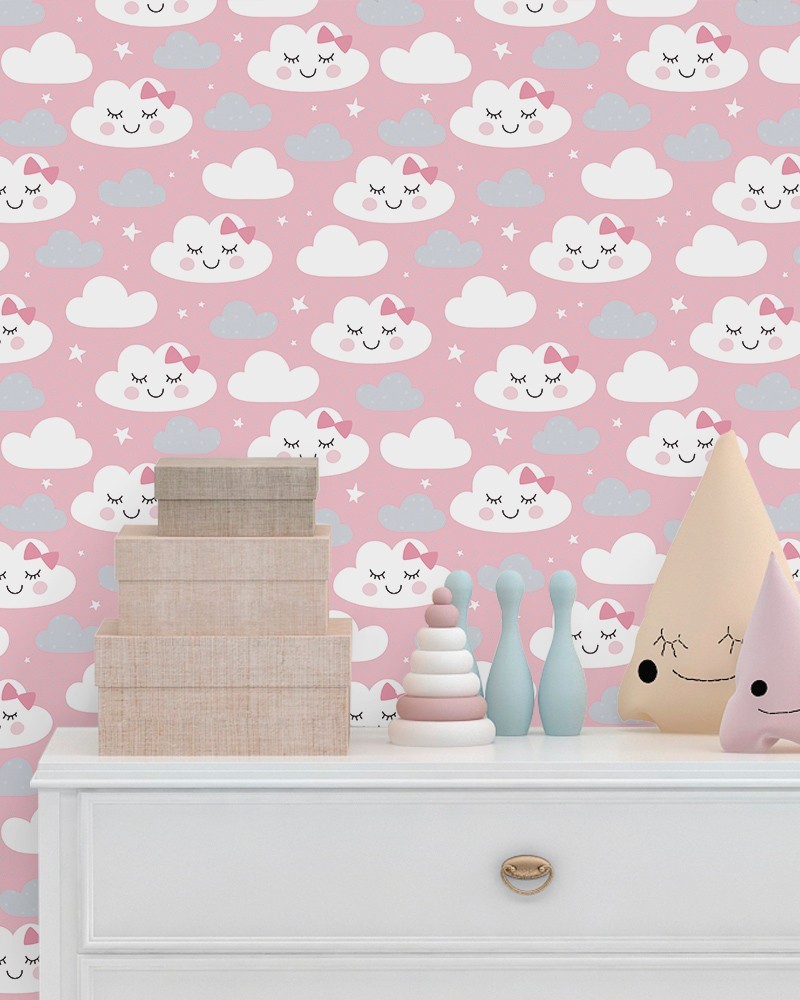 Papel de Parede Infantil - Nuvem com Laço em Tons de Rosa e Cinza Adesivo Autocolante